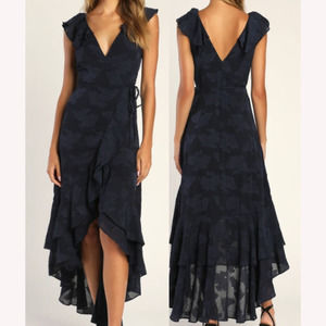 LULU'S SZ S Adorable Aura Navy Blue Floral Burnout High Low Wrap Dress NEW B92